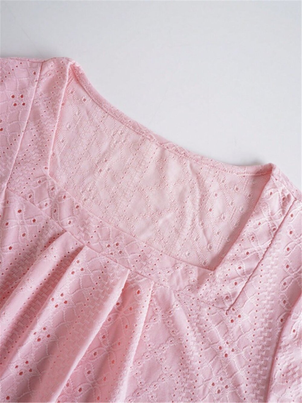 Pink Casual Women's Embroidered Square Neck Ruched Front Short Sleeve T-Shirt - Picture 4 of 9